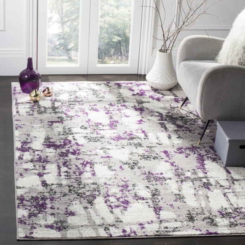 Runner Rug Abstract Distressed Pattern Grey Purple Accents Low Pile