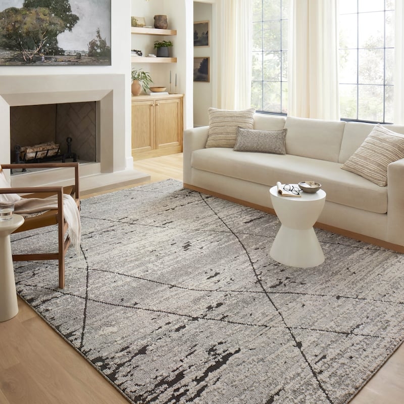 Runner Rug Abstract Geometric Cream Grey High Low Pile Contemporary