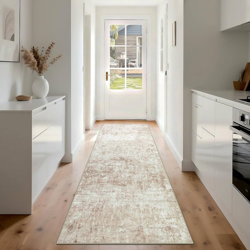 Runner Rug Beige Grey Abstract Distressed Neutral Transitional Hall