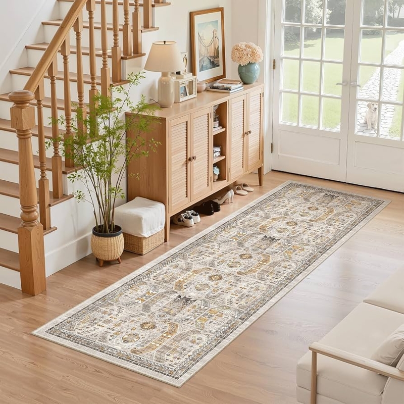 Runner Rug Brown Gold Medallion Ultra Thin Profile Kitchen Mat