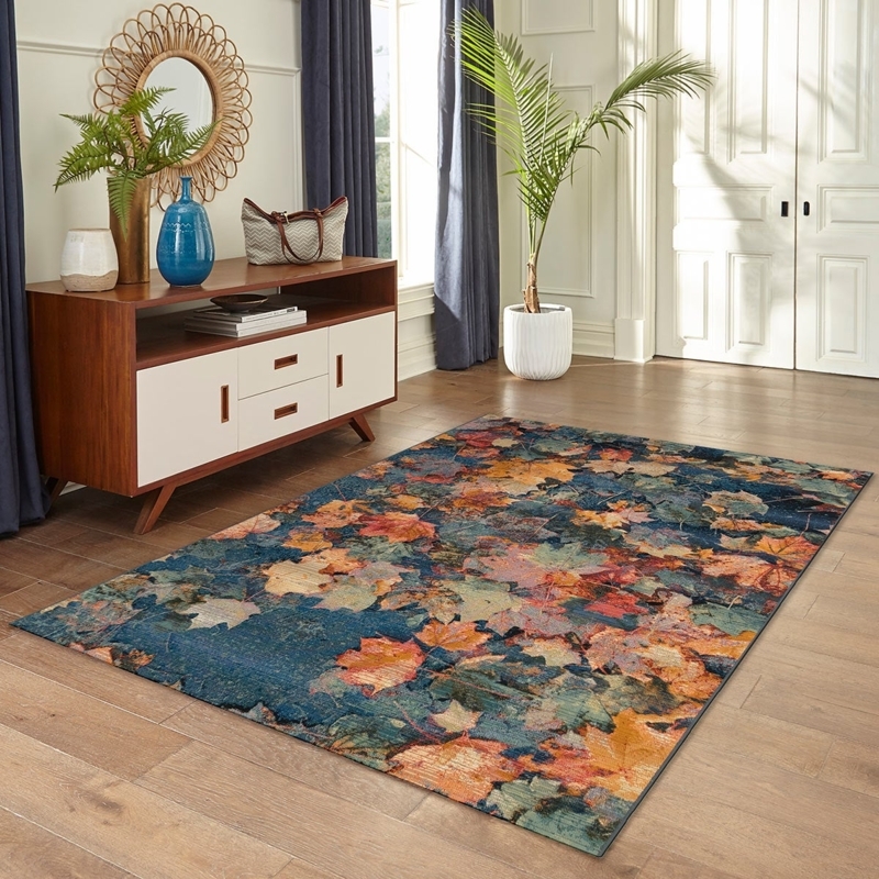 Runner Rug, Colorful Botanical Maple Leaf Print, Rustic Lodge