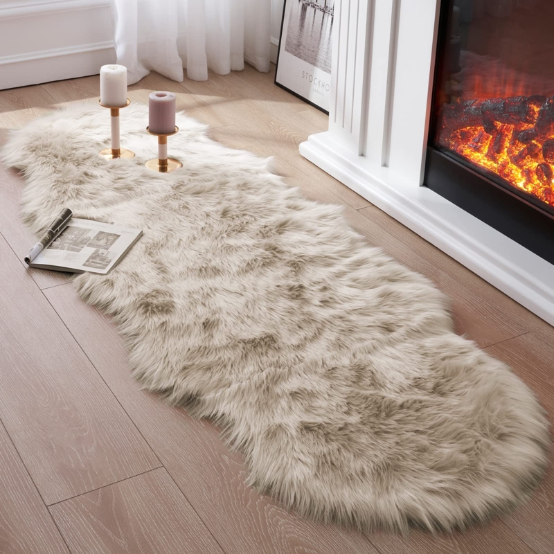 Runner Rug Cream Faux Fur Shaggy Pile Plush Texture Scandinavian