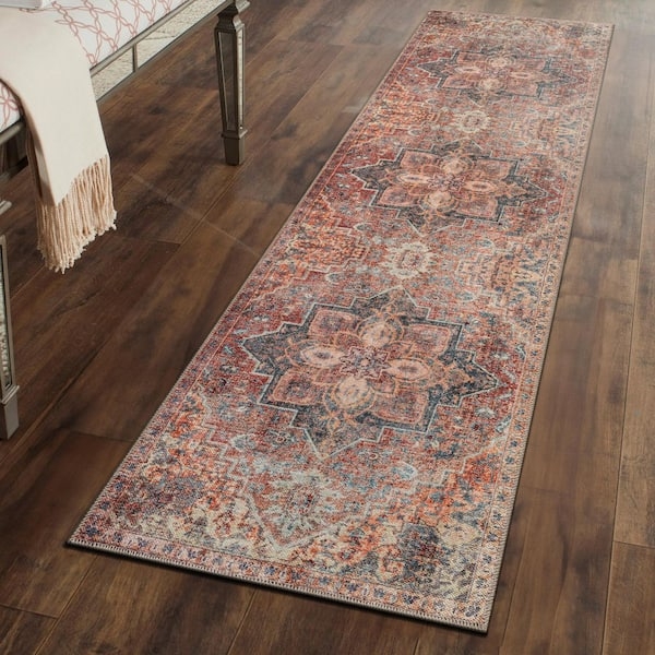 Runner Rug Cream Navy Oriental Motif Washable Flatweave Entry