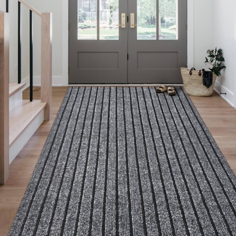 Runner Rug Dark Gray Ribbed Texture Low Profile Utilitarian Kitchen