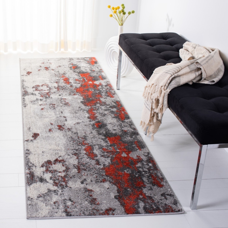 Runner Rug Distressed Abstract Pattern Orange Grey Low Pile Entryway