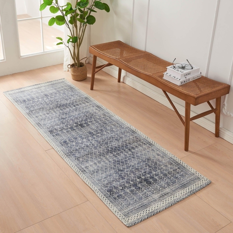 Runner Rug Distressed Moroccan Design Blue Cream Washable Bohemian
