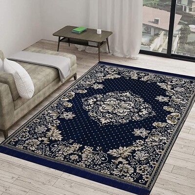 Runner Rug Ethnic Floral Pattern Chenille Navy Low Pile Hallway