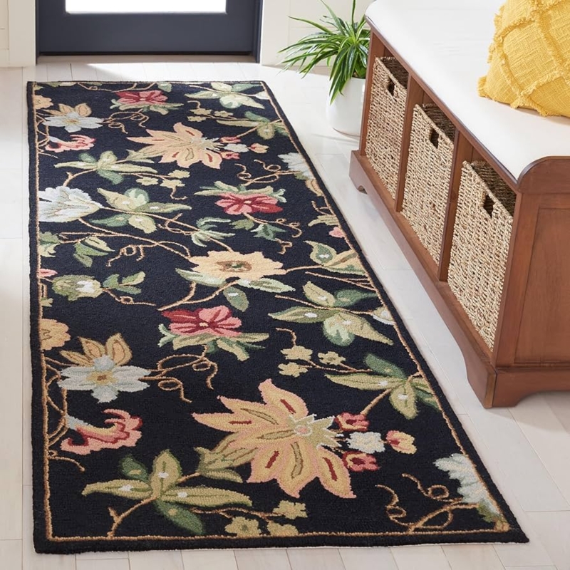 Runner Rug Floral Scrollwork Border Black French Country Hand Hooked