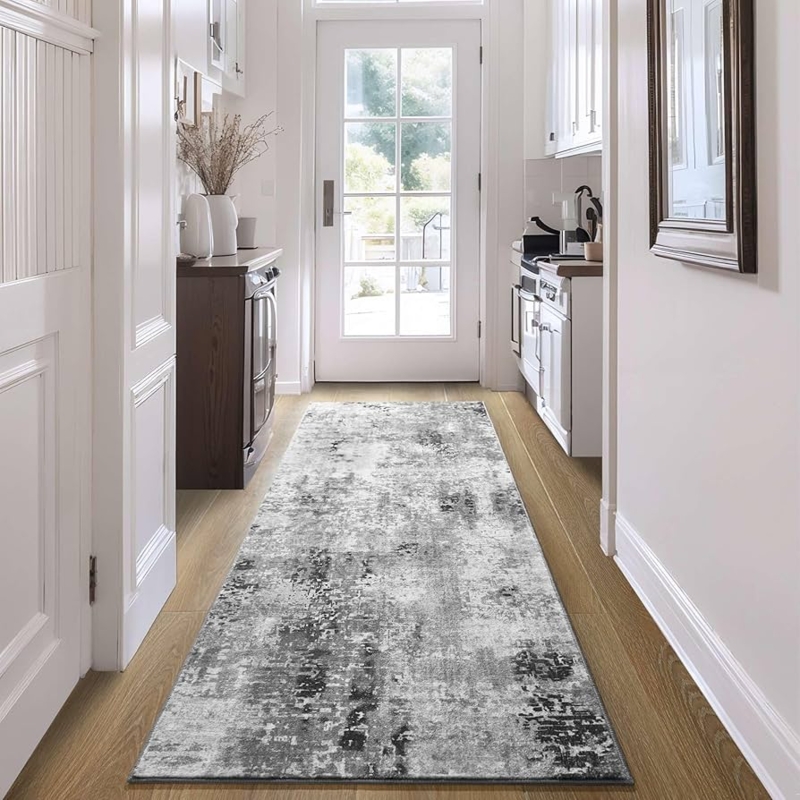 Runner Rug Gray Abstract Distressed Pattern Hallway Entryway
