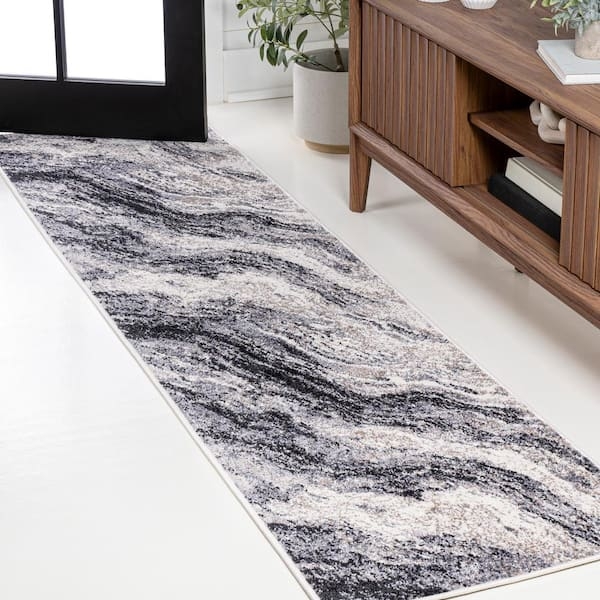 Runner Rug Hallway Runner Scale Charcoal Cream Abstract Marble Pattern Entryway
