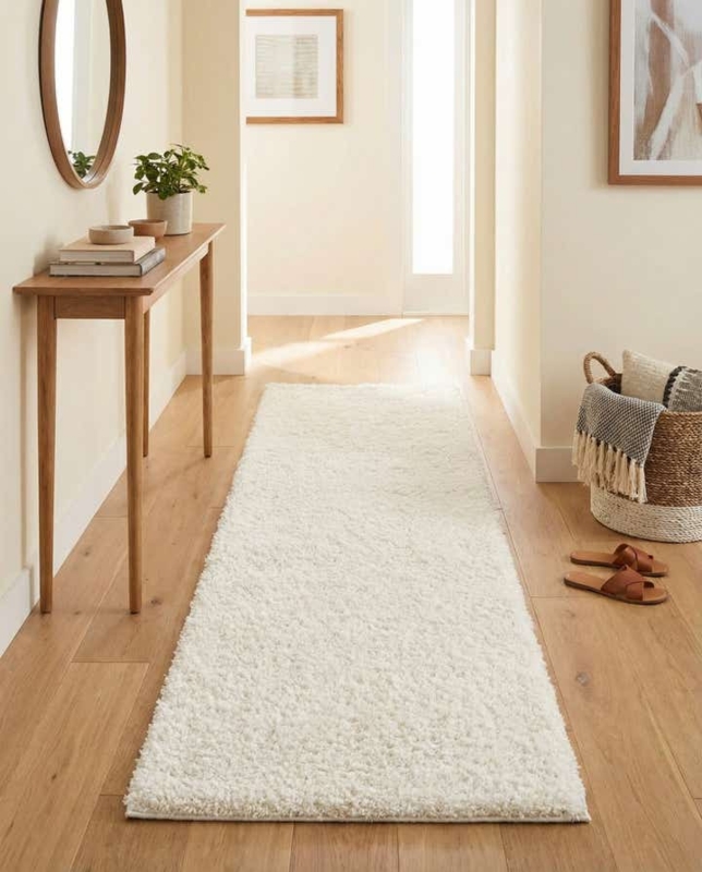 Runner Rug High Pile Shag Texture Monochromatic White Plush