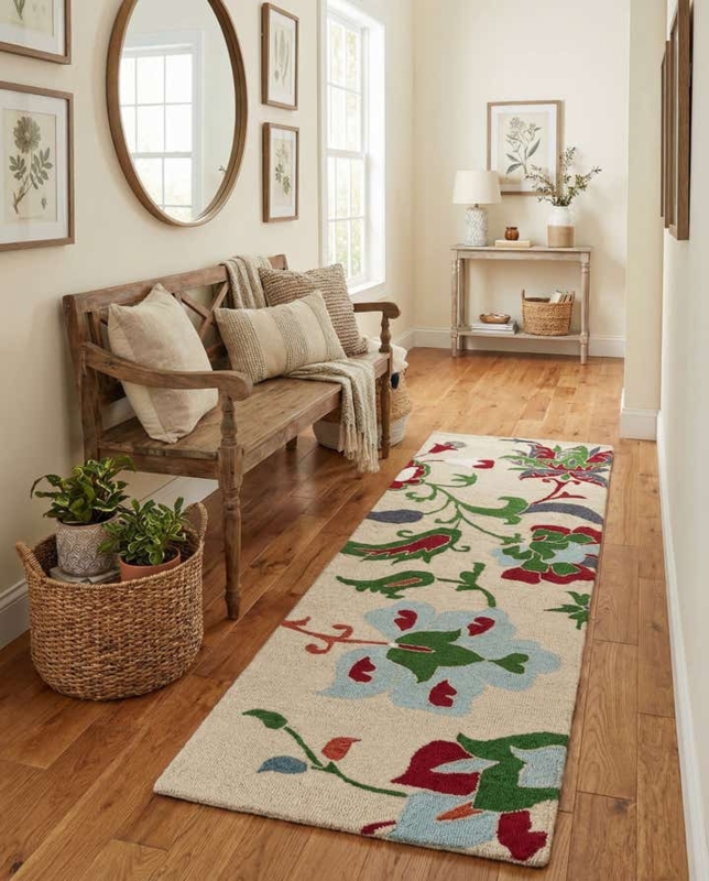 Runner Rug Ivory Distressed Traditional Faded Motif Corridor
