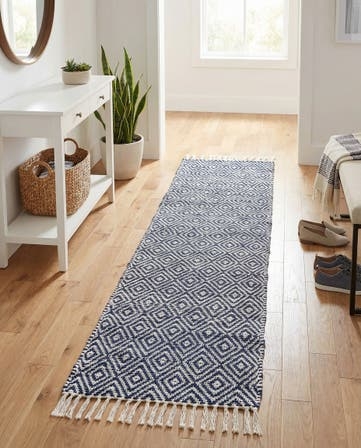 Runner Rug Navy Braided Jute Texture Striped Coastal Natural Fiber
