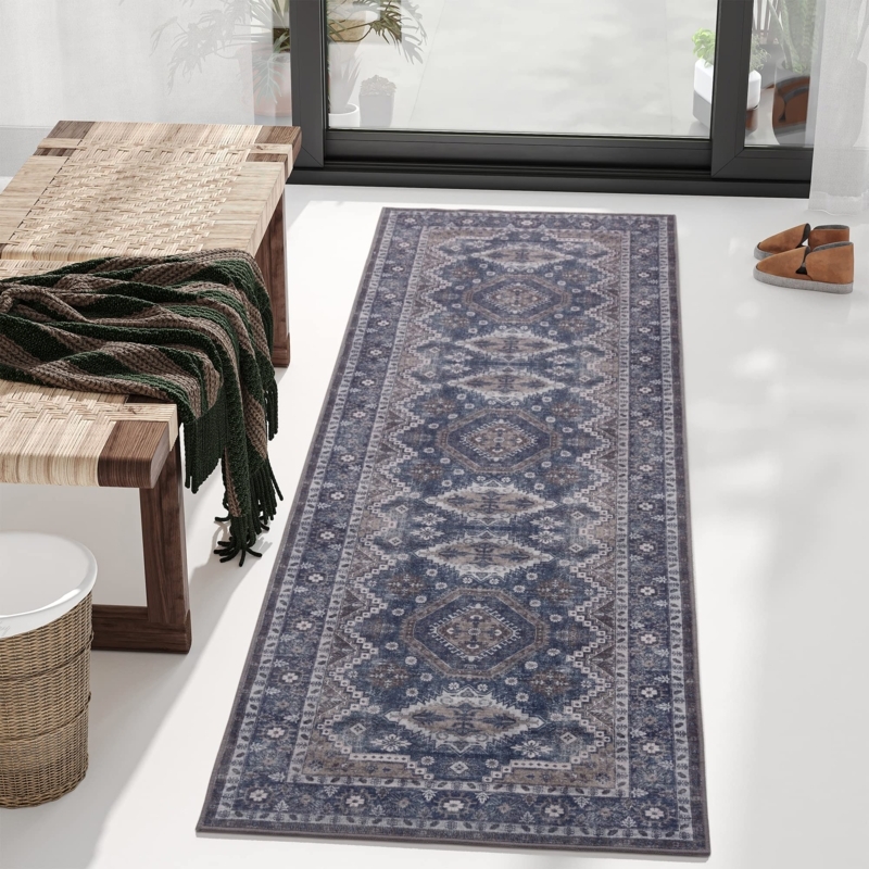 Runner Rug Navy Rust Tribal Distressed Bohemian Hallway