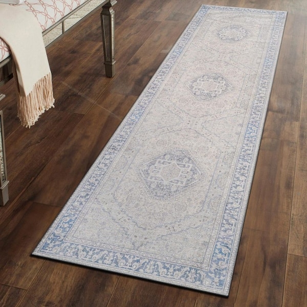 Runner Rug Navy Traditional Medallion Flatweave Kitchen Aisle