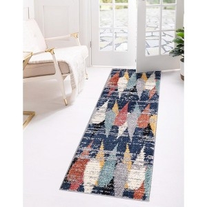 Runner Rug Navy Tribal Pattern Traditional Ivory Machine Made Hallway