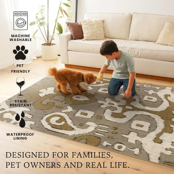 Runner Rug Ochre Ikat Kitchen Low Pile Geometric Grey
