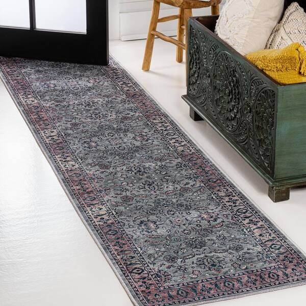 Runner Rug Purple Gray Persian Distressed Vintage Ornate Motif