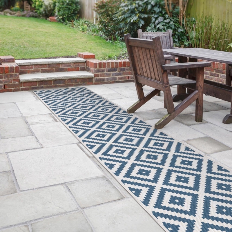Runner Rug Reversible Design High Contrast Geometric Blue White