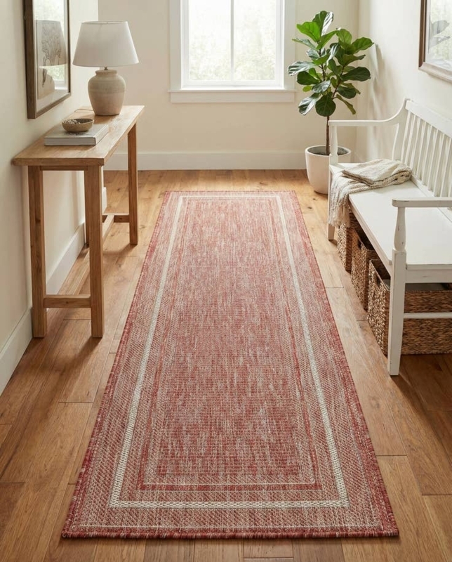 Runner Rug Rust Red Hue Contrasting Border Flatweave Hallway