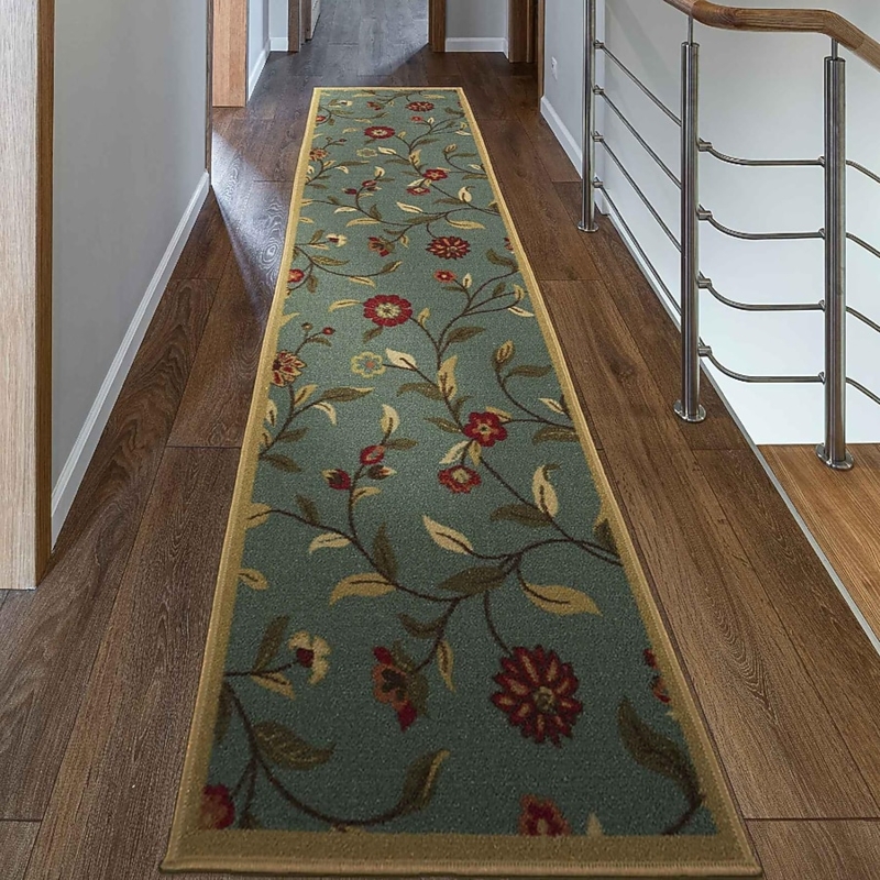 Runner Rug Seafoam Green Botanical Leaf Print Coastal Hallway Decor