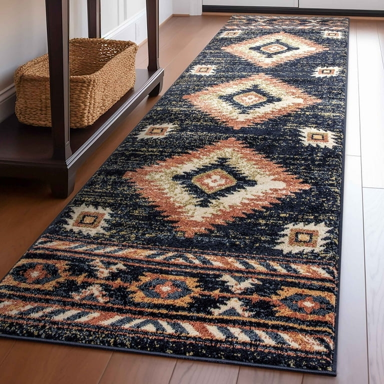 Runner Rug Southwestern Tribal Pattern Blue Bohemian Entryway Decor