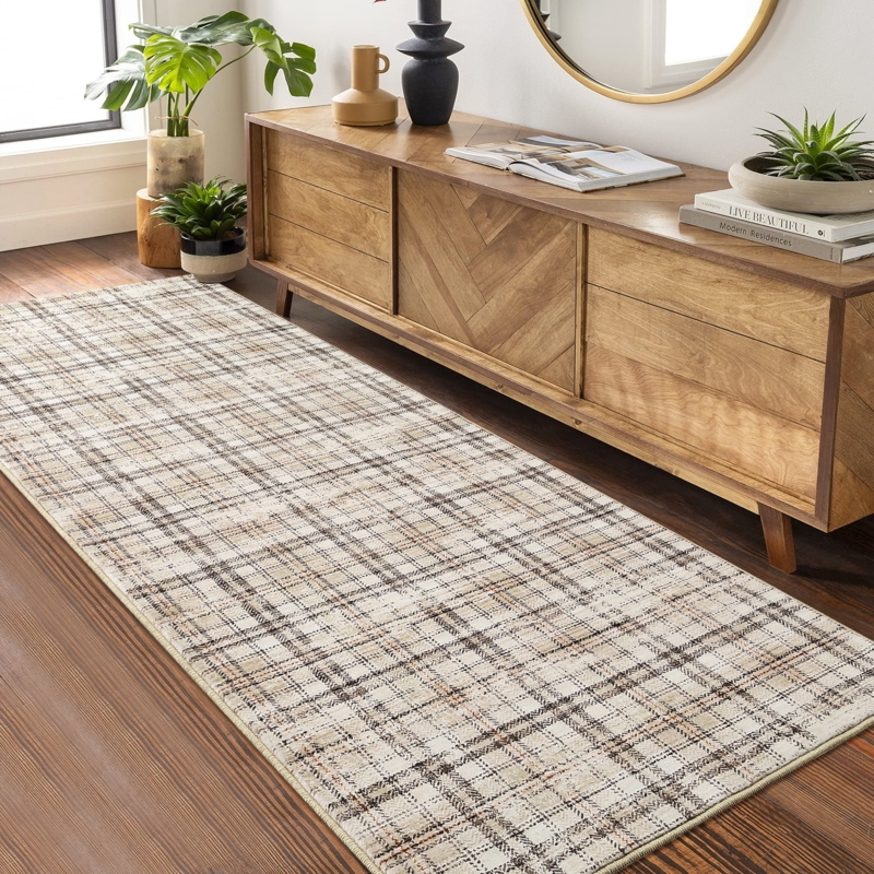 Runner Rug Tartan Plaid Pattern Modern Farmhouse Beige Low Pile