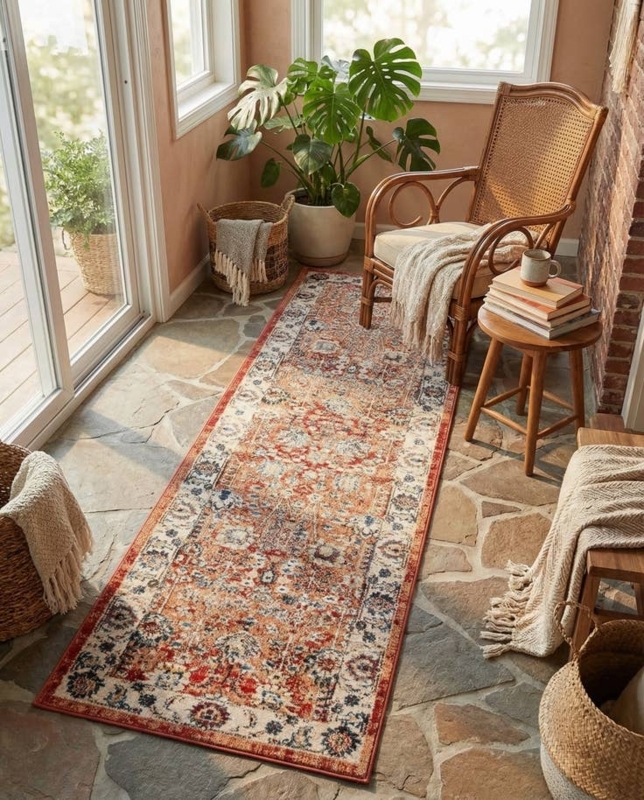 Runner Rug Terracotta Oriental Floral Motif Low Pile Hallway Decor