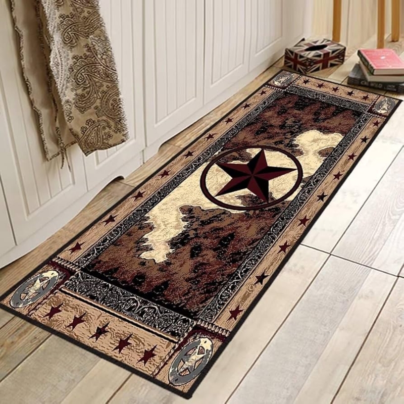 Runner Rug Texas Star Motifs Rustic Southwestern Faux Cowhide Border