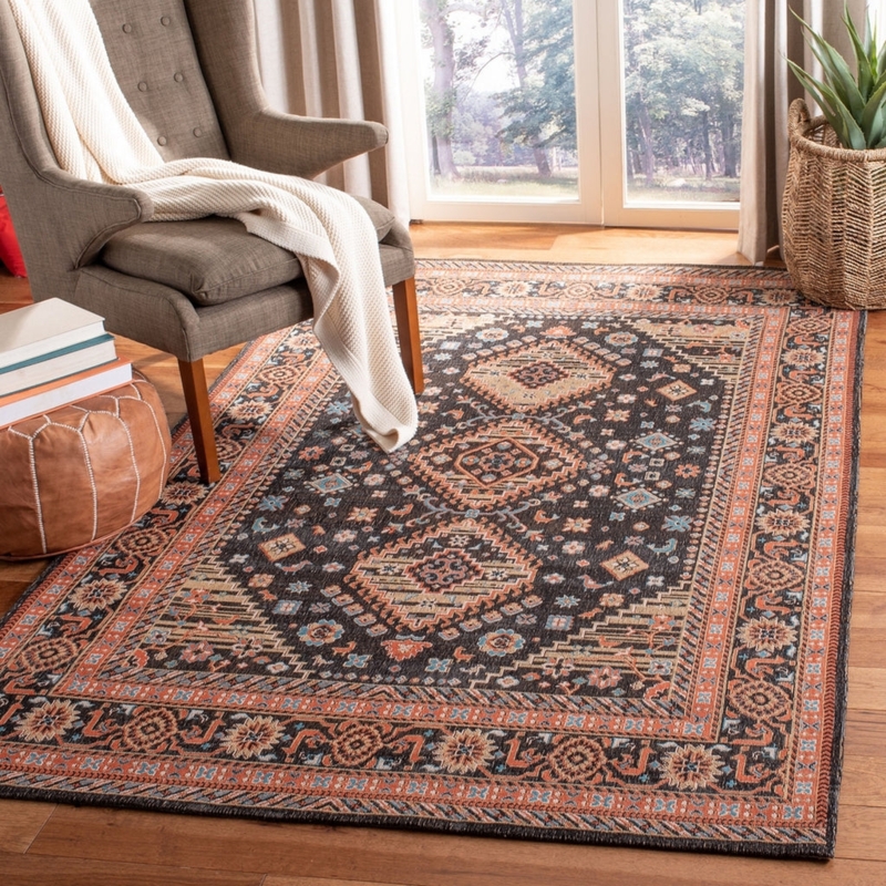 Runner Rug Vintage Black Terracotta Medallion Distressed Border