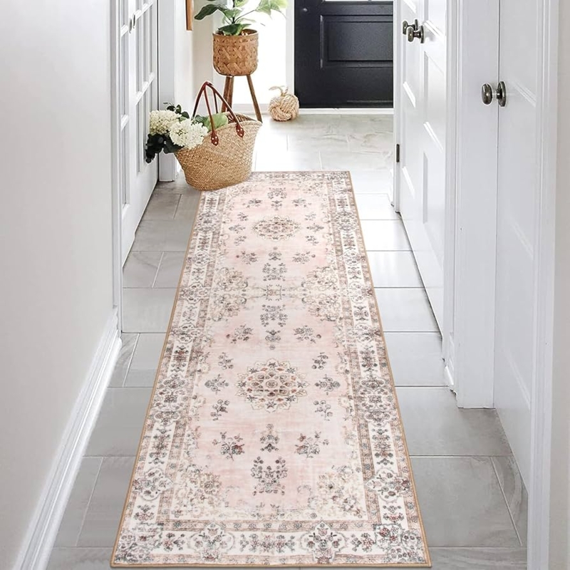 Runner Rug Vintage Pink Floral Print Distressed Hallway
