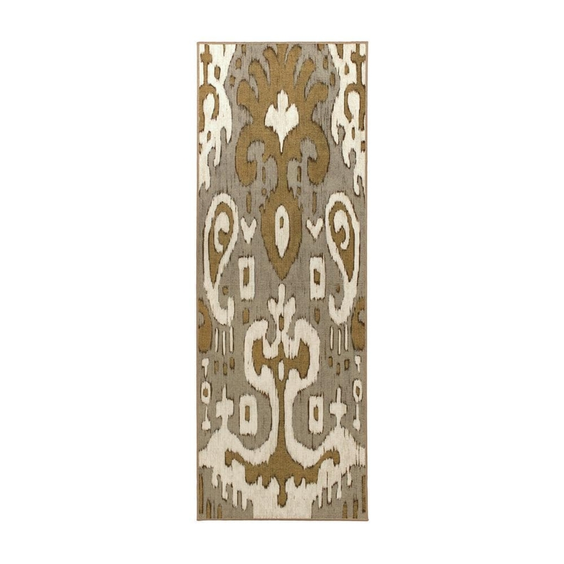 Runner Rug Washable Ochre Ikat Geometric Pattern Hallway