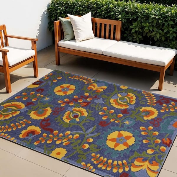 Runner Rug Watercolor Abstract Pattern Blue Yellow Contemporary Hallway