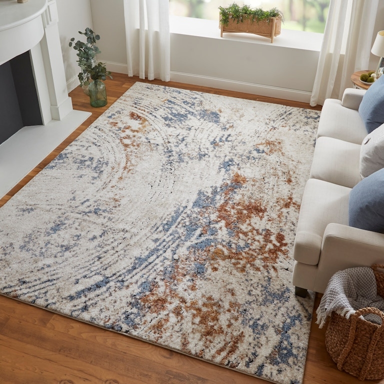 Runner Rug Watercolor Abstract Pattern Ivory Blue Rust Painterly