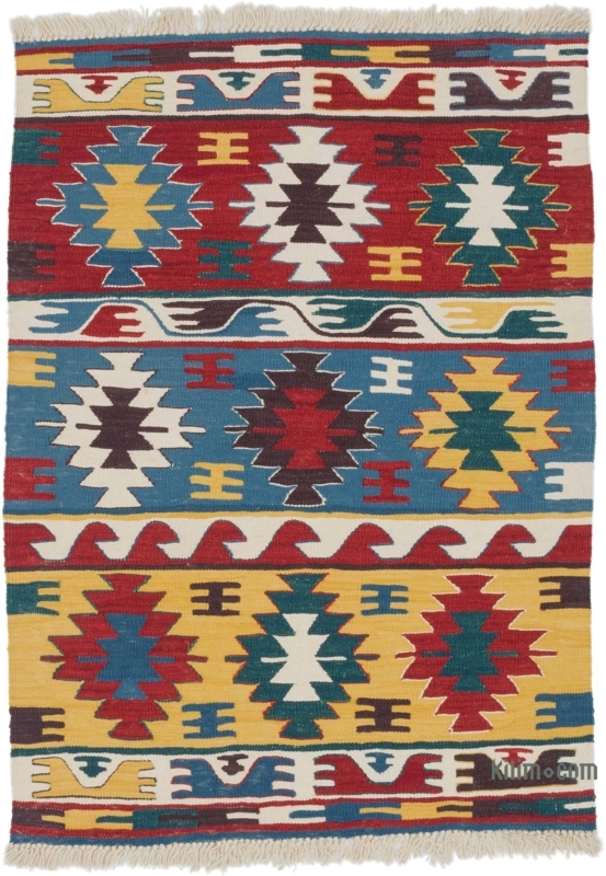 Rust and Navy Handwoven Turkish Kilim Rug with Geometric Pattern
