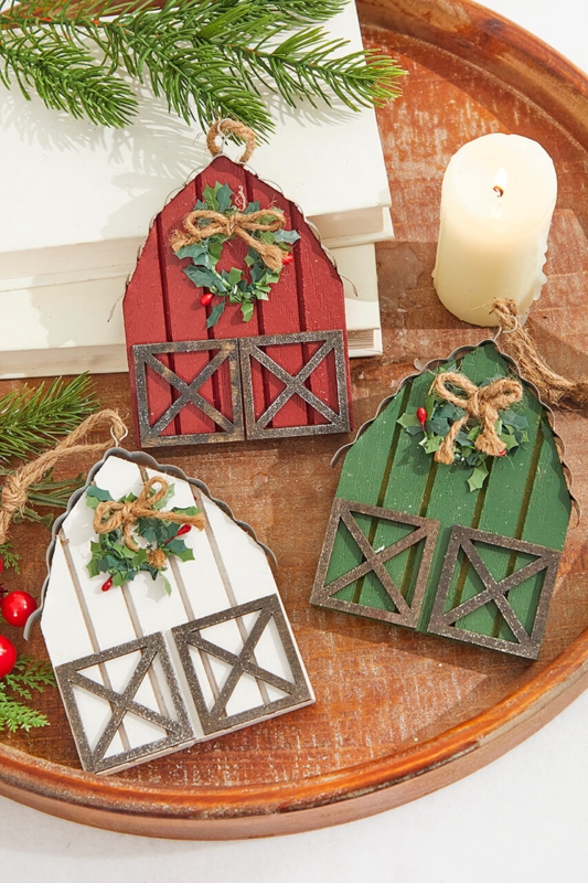 Rustic Barn Holiday Ornaments: Corrugated Metal Roof & Miniature Wreaths