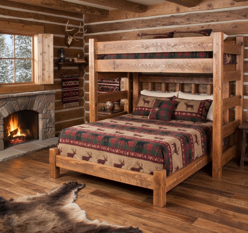 Rustic Barnwood Twin over Queen Loft Bed with Integrated Ladder