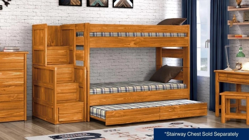 Rustic Brown Bunk Bed with Integrated Ladder and Slatted Ends