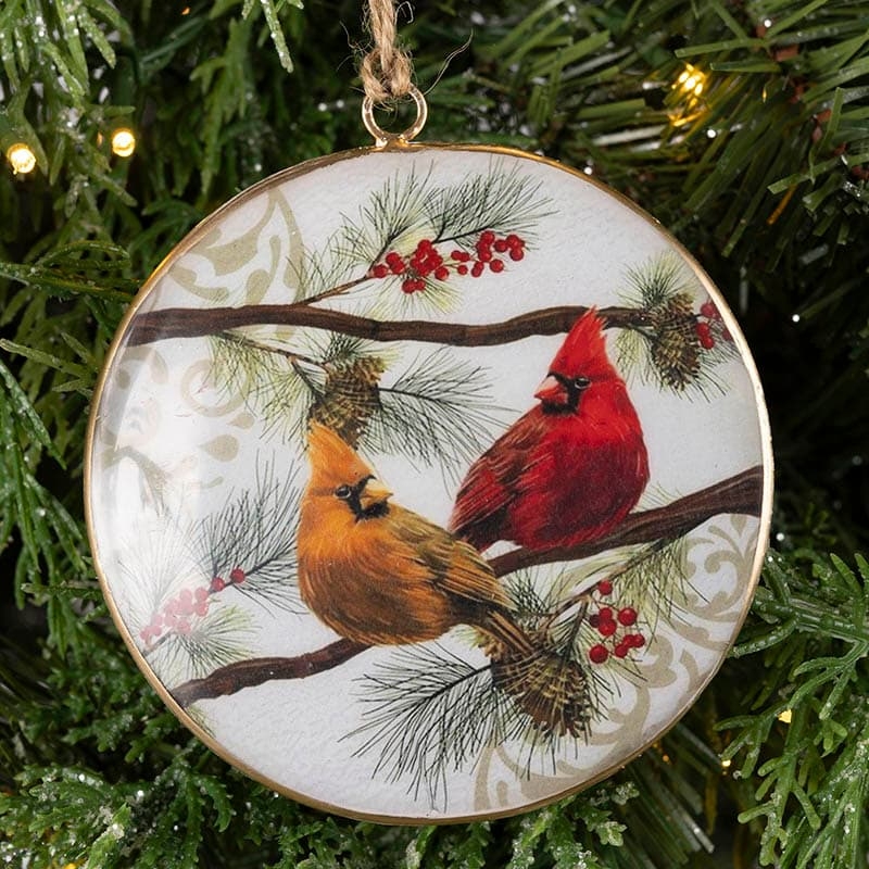 Rustic Cardinal Bird Ornament, Distressed Metal Disc with Cutout Design