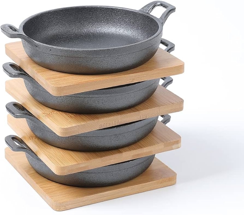 Rustic Cast Iron Serving Set, Matte Black Mini Bowls, Bamboo Trays