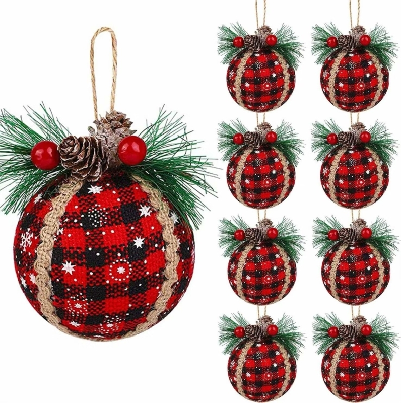Rustic Christmas Ornaments: Buffalo Plaid Spheres with Jute Hanging Loops.