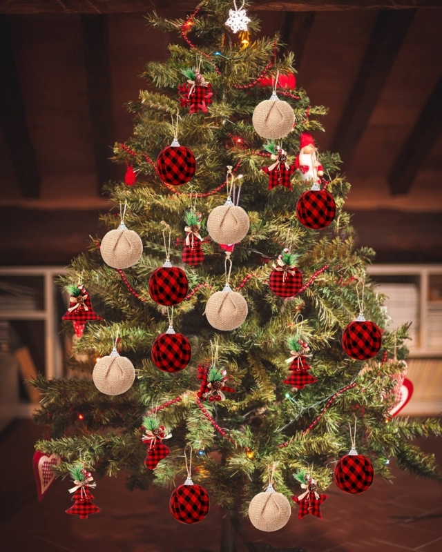 Rustic Farmhouse Christmas Ornaments: Burlap & Buffalo Plaid Ball Set