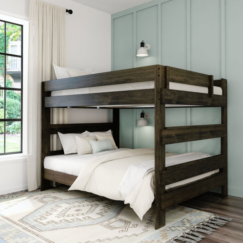 Rustic Farmhouse Queen Bunk Bed Pecan Finish X-Frame Bracing