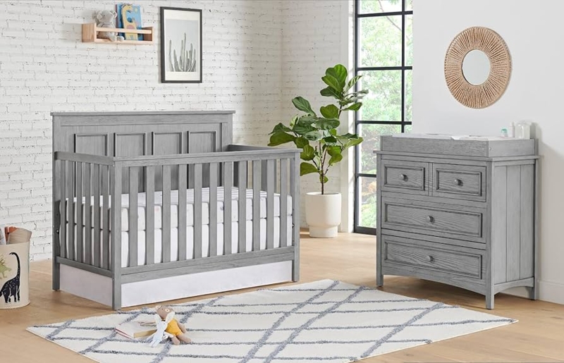 Rustic Gray Crib, Horizontal Plank Headboard, Tapered Wooden Legs