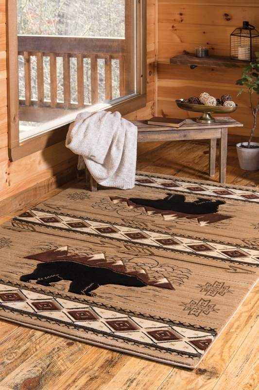 Rustic Lodge Area Rug Wildlife Motif Multi Panel Border Burgundy Green