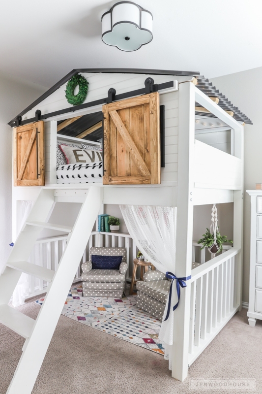 Rustic Loft Bed with Sliding Barn Doors, Playhouse Base, Wood Finish