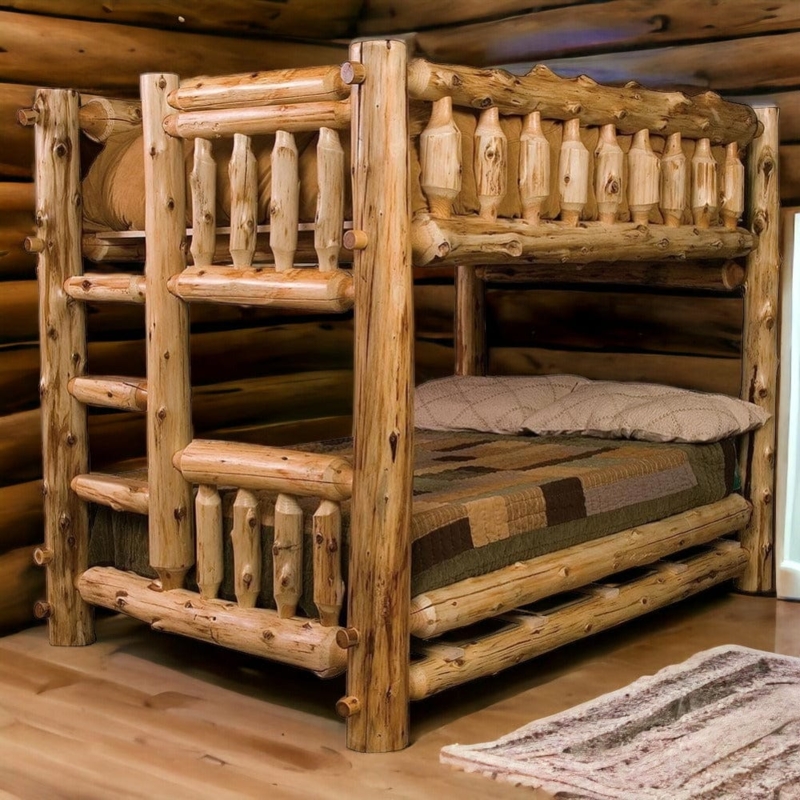 Rustic Log Bunk Bed Queen Over Queen Cabin Style Built In Ladder