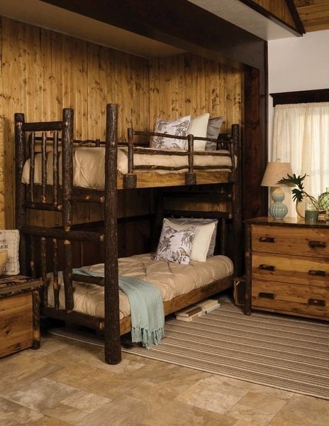 Rustic Log Bunk Bed with Natural Bark Finish and Ladder