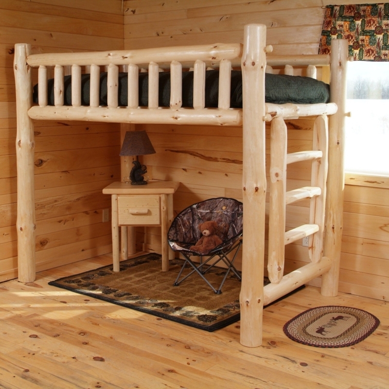 Rustic Log Loft Bed with Integrated Ladder, Handcrafted Pine Design
