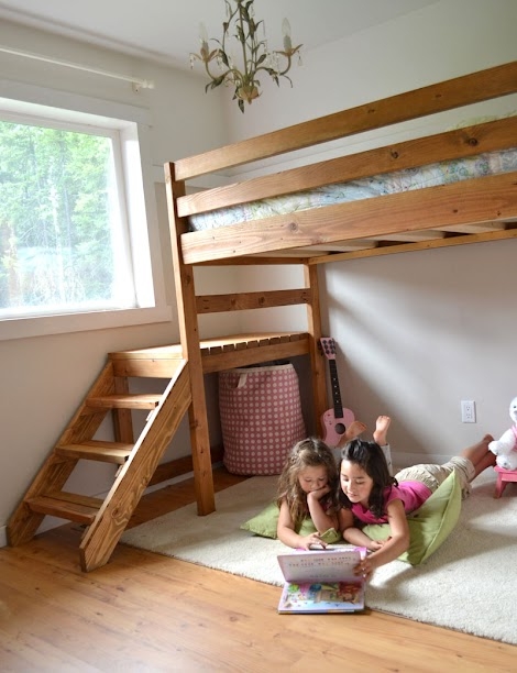 Rustic Natural Wood Junior Loft Bed with Integrated Stairs